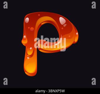 Lettera di font cartoni animati al miele, lettera P., caramelle, caramello caramello caramello caramello caramello caramello caramello caramello caramello caramello caramello. Giallo ambra flusso ABC tipo lettera o miele liquido simbolo alfabeto inglese Illustrazione Vettoriale