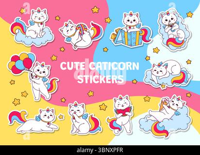 Simpatici personaggi del caticorno gatto adesivi confezione di gattini unicorni cartoni animati, set vettoriale. Simpatici adesivi di caticorno di unicorno gatto con coda arcobaleno e gelato su nuvola o giocare a palloncini con bacchetta magica Illustrazione Vettoriale