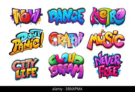 Graffiti di Street art urbana opere d'arte di pittura a spruzzo scritte sulle pareti, vettore di cartoni animati. Font per graffiti doodle e testi di Street art urbani, opere d'arte, parole di wow, danza e metro, musica pazza e vita cittadina Illustrazione Vettoriale