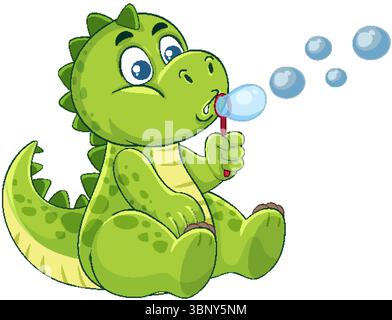 Adorabile dinosauro verde seduto e con bolle d'aria. Colori brillanti e stile divertente creano una scena allegra e stravagante Illustrazione Vettoriale
