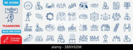 40 icone della mascherina Blue Line – lavoro di squadra, collaborazione, leadership e comunicazione per l'ufficio Illustrazione Vettoriale