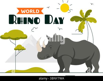 Illustrazione vettoriale della giornata mondiale del rinoceronte il 22 settembre per gli amanti del rinoceronte e gli avvocati della protezione degli animali in uno sfondo di cartone animato piatto Illustrazione Vettoriale