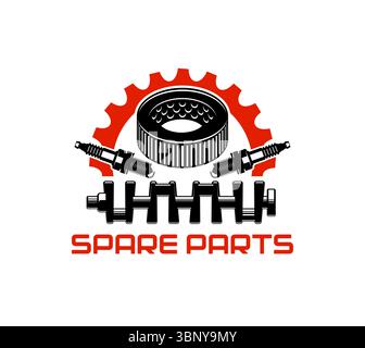 Icona dei ricambi auto per auto per la riparazione di automobili o l'assistenza meccanica, simbolo vettoriale. Azienda fornitrice di pezzi di ricambio o icona del negozio di automobili di albero motore, candela e ingranaggio per officina meccanica o officina Illustrazione Vettoriale
