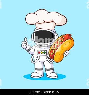 Chef astronauta con illustrazione vettoriale Hot Dog Cartoon Design Illustrazione Vettoriale