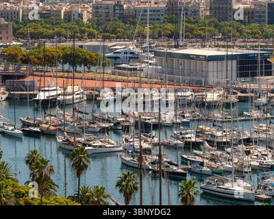 Barche a vela e yacht di lusso ormeggiati nella vivace marina di Port Vell in una soleggiata giornata estiva. Foto Stock