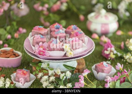 Petit quattro rosa con decorazioni floreali su un piatto in un ambiente colorato e floreale Foto Stock