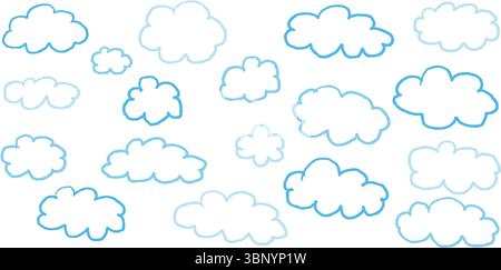 Nuvola in stile pastello e sfondo cielo con tonalità blu ed elementi a stella pastello. Illustrazione di bambini disegnata a mano con linee a matita e texture di gesso Illustrazione Vettoriale