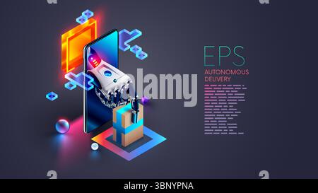 L'intelligenza artificiale gestisce la logistica e la consegna del negozio online. La mano del robot o del Cyborg consegna la casella degli ordini al cliente dallo schermo del telefono. Artificiale Illustrazione Vettoriale