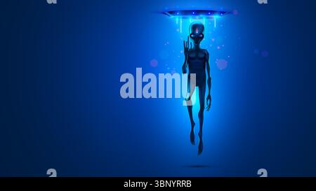 L'alieno è saltato nel teletrasporto. Un alieno spaventoso con grandi occhi e una mano. Un fantastico teletrasporto o una macchina del tempo appesa al soffitto in blu Illustrazione Vettoriale