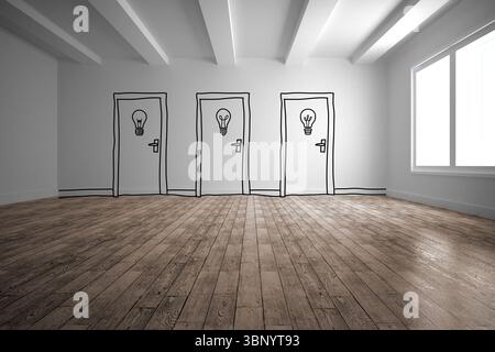 Illustrazione di un design piatto che mostra tre porte disegnate con icone a lampadina su pavimento in legno vicino alla finestra Foto Stock