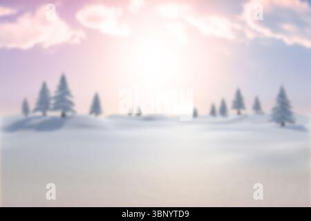 I pini sempreverdi carichi di neve sono in piedi su colline dal design piatto, mostrando un sole luminoso e nuvole mostruose Foto Stock