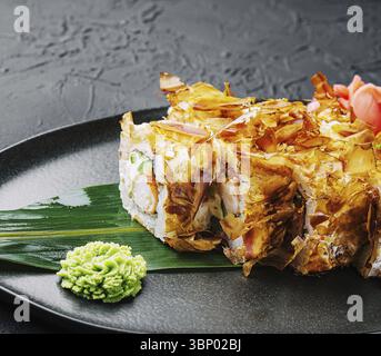 Natura morta del cibo, panino di sushi bonito su un piatto scuro Foto Stock