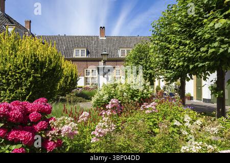 Cortile con giardino colorato e piccole case nel centro della città di Leida, nei Paesi Bassi Foto Stock