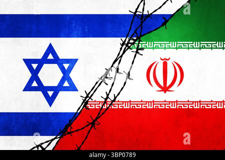 Bandiere grunge di Israele e Iran divise per illustrazione a filo di barba, concetto di due paesi della guerra Foto Stock