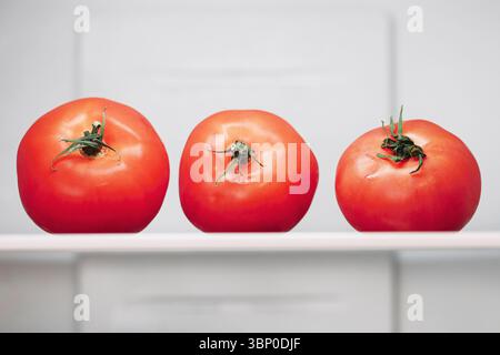 Tre pomodori freschi su superficie bianca. Verdure succose di fila. Concetto di cibo naturale. Mangiare sano e semplice. Contrasto di colore rosso. Interno del frigorifero. Foto Stock