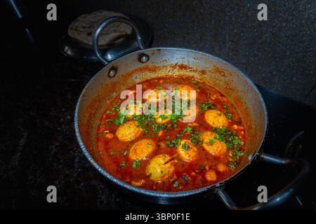Un ricchissimo e saporito curry d'uovo fatto in casa in una famiglia indiana, Foto Stock