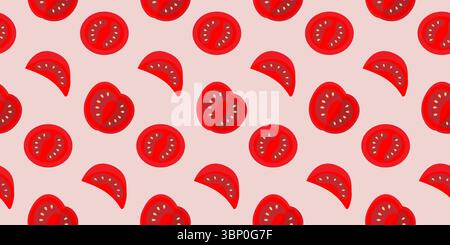 Pomodori rossi maturi fette colorate senza cuciture motivo per banner o poster idea di sfondo . Illustrazione vettoriale isolata temi alimentari carte sfondo o opuscoli, prezzo, post sui social media Illustrazione Vettoriale