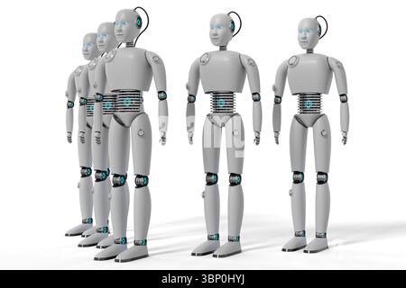 Cinque robot umanoidi - illustrazione 3D. Foto Stock