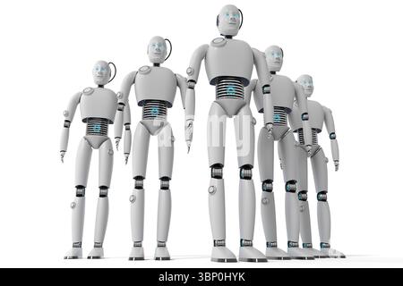 Cinque robot umanoidi - illustrazione 3D. Foto Stock