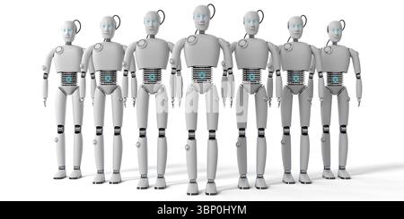 Molti robot umanoidi - illustrazione 3D. Foto Stock