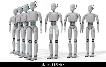 Molti robot umanoidi - illustrazione 3D. Foto Stock