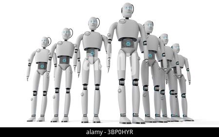 Molti robot umanoidi - illustrazione 3D. Foto Stock