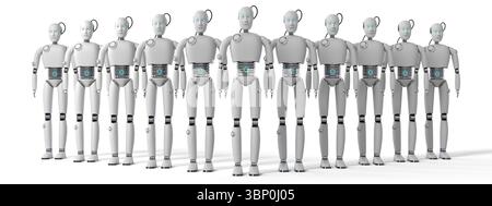 Molti robot umanoidi - illustrazione 3D. Foto Stock