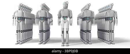 Molti robot umanoidi - illustrazione 3D. Foto Stock