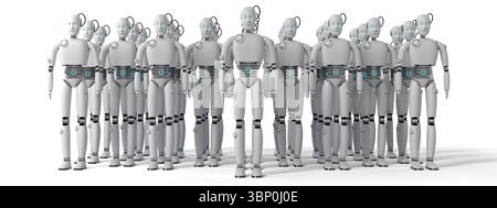 Molti robot umanoidi - illustrazione 3D. Foto Stock