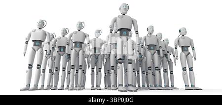 Molti robot umanoidi - illustrazione 3D. Foto Stock