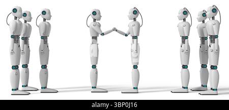 Robot umanoidi che stringono la mano - illustrazione 3D. Foto Stock