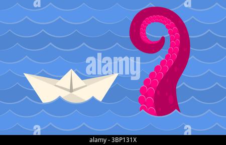 Immagine vettoriale minima di una barca di carta che galleggia sul mare vicino a un grande tentacolo rosa che emerge dall'acqua. Giocosa, astratta e fantasiosa Illustrazione Vettoriale