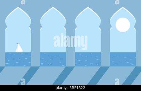 Immagine vettoriale minima della vista del mare attraverso finestre decorative ad arco orientale con ombre, una barca a vela, onde calme e il sole su un cielo blu Illustrazione Vettoriale