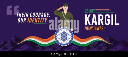 Kargil Vijay Diwas Banner Tribute con bandiera indiana, soldati e monumenti Illustrazione Vettoriale