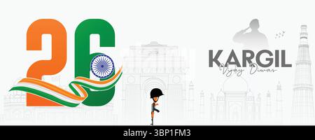 Kargil Vijay Diwas Banner Tribute con bandiera indiana, soldati e monumenti Illustrazione Vettoriale