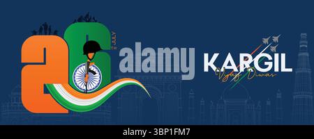 Kargil Vijay Diwas Banner Tribute con bandiera indiana, soldati e monumenti Illustrazione Vettoriale
