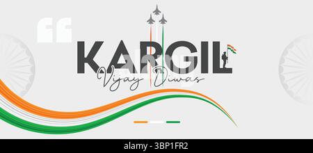 Kargil Vijay Diwas Banner Tribute con bandiera indiana, soldati e monumenti Illustrazione Vettoriale