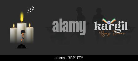 Kargil Vijay Diwas Banner Tribute con bandiera indiana, soldati e monumenti Illustrazione Vettoriale