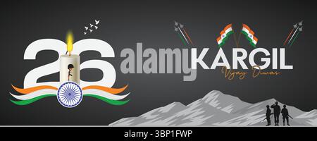 Kargil Vijay Diwas Banner Tribute con bandiera indiana, soldati e monumenti Illustrazione Vettoriale