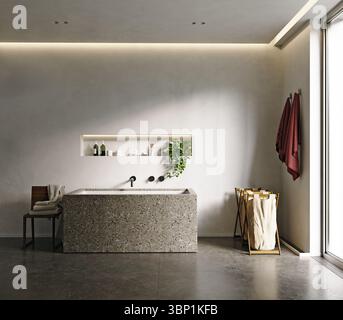Interni moderni e minimalisti del bagno con vasca in pietra e pareti dalle texture di colore chiaro. Design contemporaneo per la casa. rendering 3d. Foto Stock