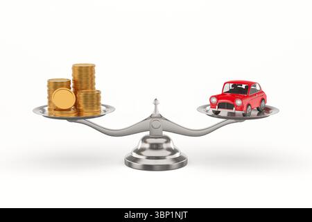 Auto e soldi su scala su sfondo bianco. Illustrazione 3D isolata Foto Stock