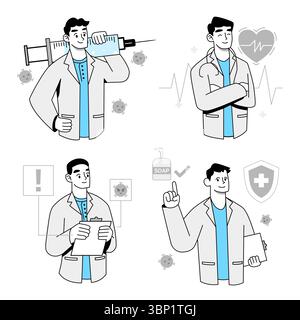 Set di giovane medico con azione diversa su opere in vettore di cartoni animati Illustrazione Vettoriale