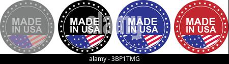 Set di badge con sigillo rotondo Made in USA in quattro colori Illustrazione Vettoriale
