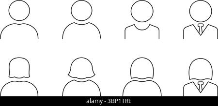 Set di icone della linea avatar del profilo utente. Raccolta di simboli per diversi profili utente e identità. Design minimalista per social media e networking. Modificabile Illustrazione Vettoriale