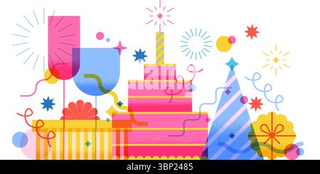 Biglietto d'auguri per buon compleanno con torta, candela, cappello a cono, regali, champagne o vino. Illustrazione di celebrazione geometrica piatta vettoriale. Elementi di design per Illustrazione Vettoriale
