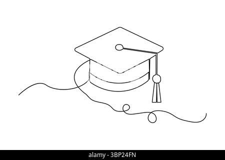 Cappello di laurea minimalista una linea che disegna un contorno isolato per la cerimonia di formazione Illustrazione Vettoriale