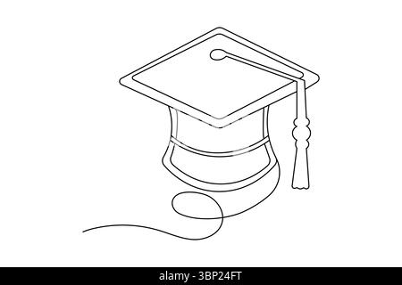 Cappello di laurea minimalista una linea che disegna un contorno isolato per la cerimonia di formazione Illustrazione Vettoriale