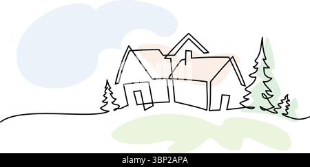 Paesaggio con case di villaggio sulla collina. Disegno continuo su una linea. Illustrazione Vettoriale