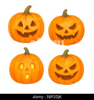 Quattro zucche di Halloween con diversi volti di Jack-o'-Lantern Foto Stock