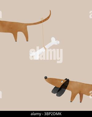 Illustrazione vettoriale di Happy Brown Dog con orecchie nere. Funny Dog Sniffing for A Bone. Arte vivaio disegnata a mano con Sweet Basset Puppy. Happy Dachshund. Illustrazione Vettoriale